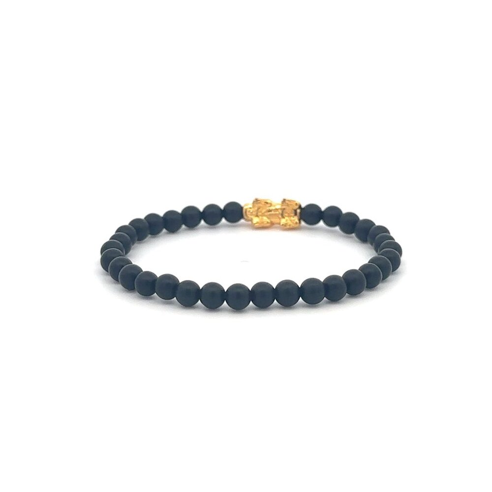 18K Gold Pixiu Piyao Bracelet Mini Gemstones Matte Onyx 4mm Elastic Bracelet - Picture 4 of 6